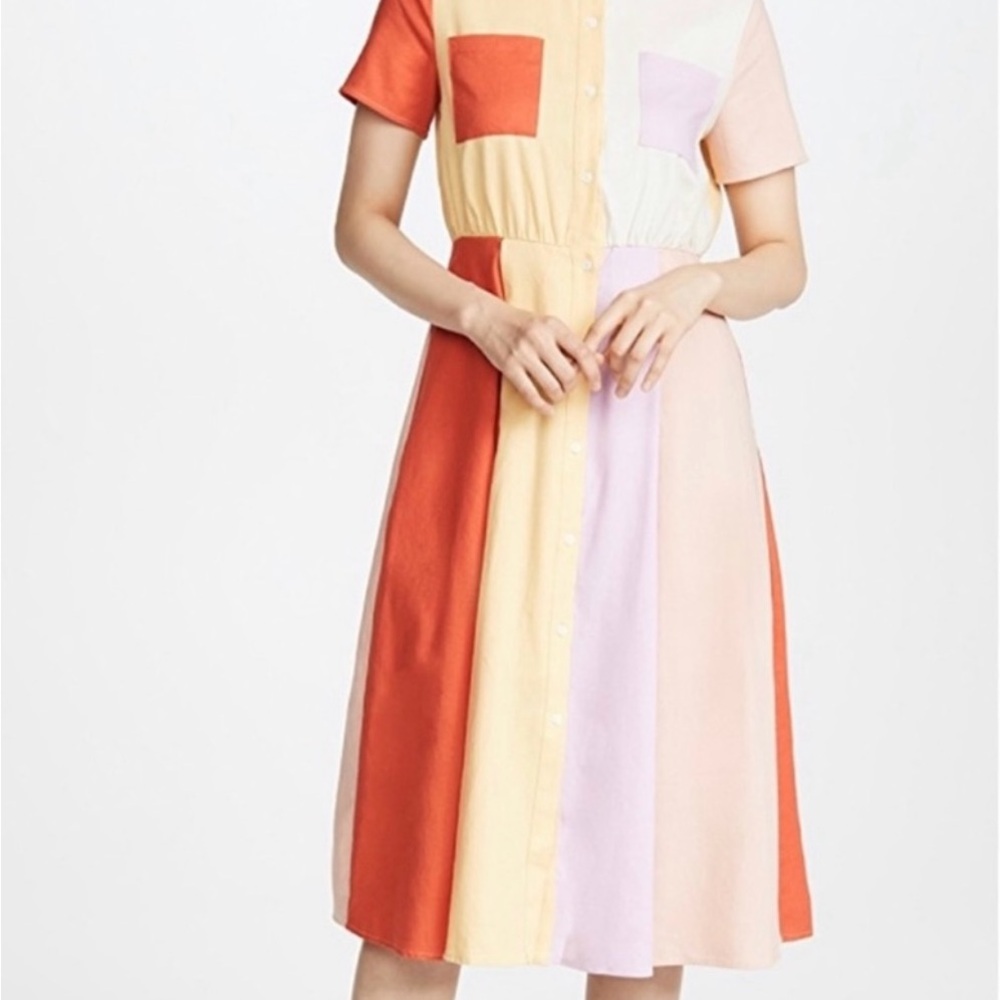 English Factory Colorblock Midi Dress in Orange, Yellow, and Pink